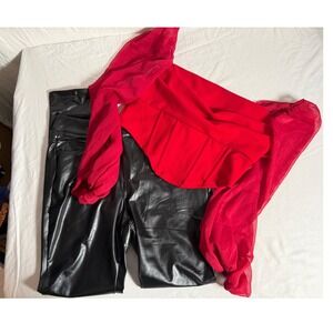Red Corset Top‎ size 6 with Sheer Sleeves and Black Faux Leather Pants